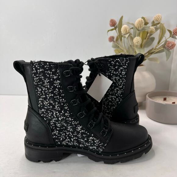Sorel Lennox Leather Textile Shearling Lug Sole WP Boot Black Women 5.5 NWOB - Picture 6 of 9